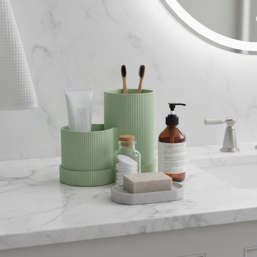 Striped Dual Storage Toothbrush Holder with Tray